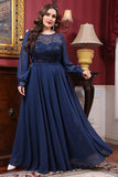 A Line Illusion Neck Navy Plus Size Mother of the Bride Dress