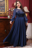 A Line Illusion Neck Navy Plus Size Mother of the Bride Dress