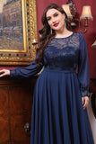 A Line Illusion Neck Navy Plus Size Mother of the Bride Dress