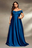 Off the Shoulder A Line Ruched Ink Blue Satin Plus Size Mother of the Bride Dress