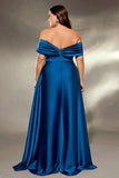 Off the Shoulder A Line Ruched Ink Blue Satin Plus Size Mother of the Bride Dress