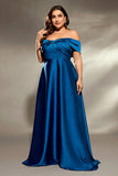 Off the Shoulder A Line Ruched Ink Blue Satin Plus Size Mother of the Bride Dress