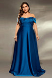 Off the Shoulder A Line Ruched Ink Blue Satin Plus Size Mother of the Bride Dress