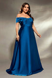Off the Shoulder A Line Ruched Ink Blue Satin Plus Size Mother of the Bride Dress