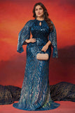 Sparkly Mermaid Cut Out Peacock Blue Plus Size Mother of the Bride Dress