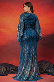 Sparkly Mermaid Cut Out Peacock Blue Plus Size Mother of the Bride Dress