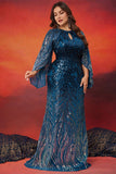 Sparkly Mermaid Cut Out Peacock Blue Plus Size Mother of the Bride Dress