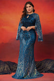 Sparkly Mermaid Cut Out Peacock Blue Plus Size Mother of the Bride Dress