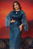 Sparkly Mermaid Cut Out Peacock Blue Plus Size Mother of the Bride Dress