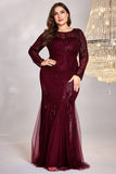 Mermaid Sequins Burgundy Plus Size Mother of the Bride Dress with Long Sleeves