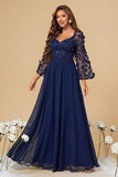 Corset 3D Flowers Navy Chiffon Mother of the Bride Dress with Long Sleeves