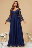 Corset 3D Flowers Navy Chiffon Mother of the Bride Dress with Long Sleeves