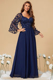 Corset 3D Flowers Navy Chiffon Mother of the Bride Dress with Long Sleeves