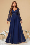 Corset 3D Flowers Navy Chiffon Mother of the Bride Dress with Long Sleeves