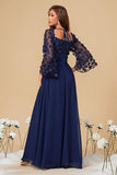 Corset 3D Flowers Navy Chiffon Mother of the Bride Dress with Long Sleeves