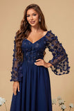 Corset 3D Flowers Navy Chiffon Mother of the Bride Dress with Long Sleeves