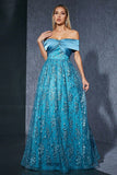 Off the Shoulder A Line Appliqued Satin Blue Mother of the Bride Dress