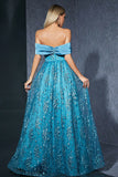Off the Shoulder A Line Appliqued Satin Blue Mother of the Bride Dress