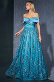 Off the Shoulder A Line Appliqued Satin Blue Mother of the Bride Dress