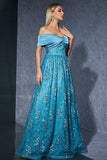 Off the Shoulder A Line Appliqued Satin Blue Mother of the Bride Dress