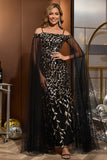 Satin Appliqued Sheath Black Gold Mother of the Bride Dress with Cape