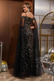 Satin Appliqued Sheath Black Gold Mother of the Bride Dress with Cape