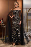 Satin Appliqued Sheath Black Gold Mother of the Bride Dress with Cape