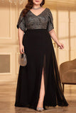 Sparkly A Line Plus Size V-Neck Black Mother of the Bride Dress with Slit
