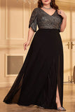 Sparkly A Line Plus Size V-Neck Black Mother of the Bride Dress with Slit