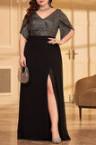 Sparkly A Line Plus Size V-Neck Black Mother of the Bride Dress with Slit