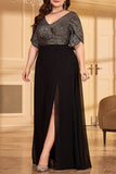 Sparkly A Line Plus Size V-Neck Black Mother of the Bride Dress with Slit