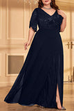 Sparkly A Line Plus Size V-Neck Black Mother of the Bride Dress with Slit