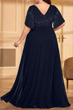 Sparkly A Line Plus Size V-Neck Black Mother of the Bride Dress with Slit