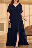 Sparkly A Line Plus Size V-Neck Black Mother of the Bride Dress with Slit
