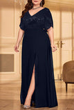 Sparkly A Line Plus Size V-Neck Black Mother of the Bride Dress with Slit