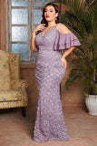Mermaid Ruffled Appliqued Purple Plus Size Mother of the Bride Dress