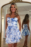 White Blue Flower Chiffon Tiered Strapless Homecoming Dress