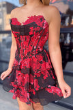 Floral Black Red A Line Corset Short Homecoming Dress with Ruffles