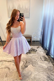 Lilac Sequins Corset Strapless A Line Short Homecoming Dress
