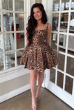 Brown Leopard A-Line Square Neck Short Homecoming Dress