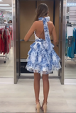 Tiered Floral Blue Halter A Line Tulle Homecoming Dress