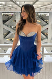 Sparkly Navy Tiered Corset Chiffon Sweetheart Short Homecoming Dress