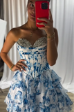 Tiered Strapless Floral Pink A Line Homecoming Dress