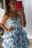 Tiered Strapless Floral Pink A Line Homecoming Dress