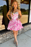 Tiered Strapless Floral Pink A Line Homecoming Dress