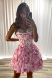 Floral Pink A Line Corset Short Tiered Homecoming Dress with Beading