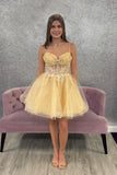 Gold A Line Tulle Corset Homecoming Dress with Appliques