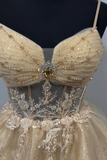 Gold A Line Tulle Corset Homecoming Dress with Appliques