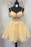 Gold A Line Tulle Corset Homecoming Dress with Appliques