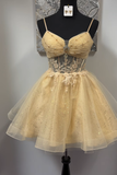 Gold A Line Tulle Corset Homecoming Dress with Appliques